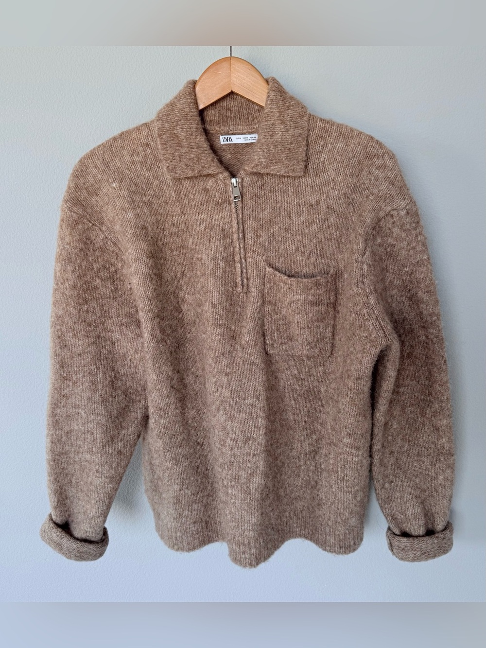 Zara Alpaca Wool Blend 1/4 Zip Sweater • Men’s M • Camel/Granola Tan Knit